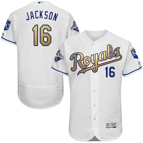 Royals #16 Bo Jackson White 2015 World Series Champions Gold Program FlexBase Authentic Stitched MLB Jersey - Click Image to Close